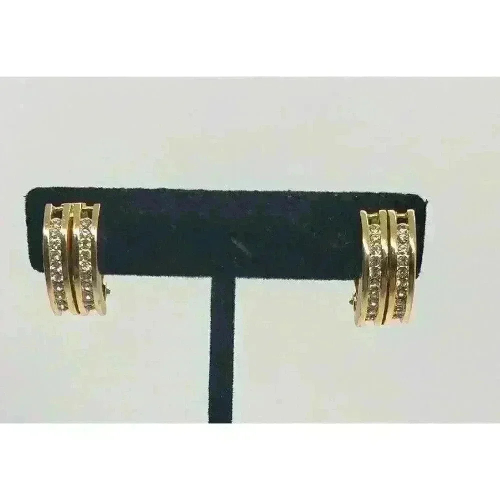 Vintage Hanae Mori Chanter Paris Clip Gold Rhinestone Earrings